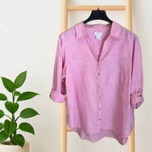 SIGRID OLSEN Button up Linen Top – Pink – 1X – Relaxed Fit, Shirttail Hem